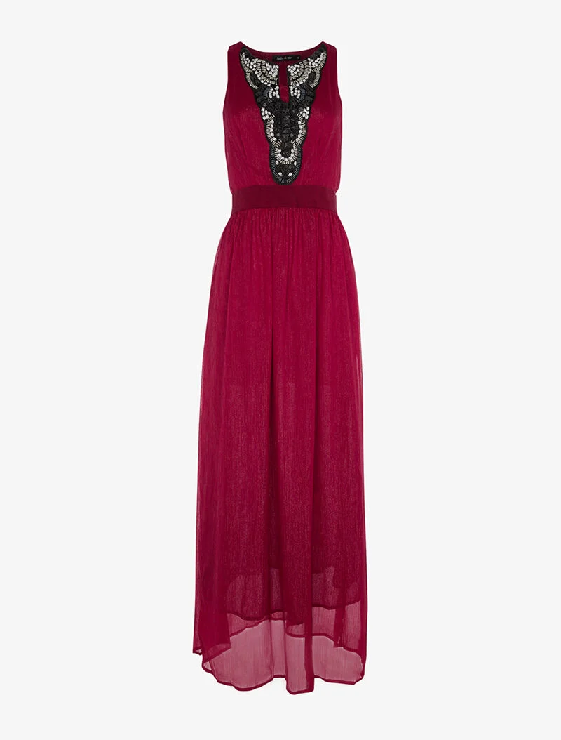 Langes Kleid mit Schmuckpassementen - Bordeaux