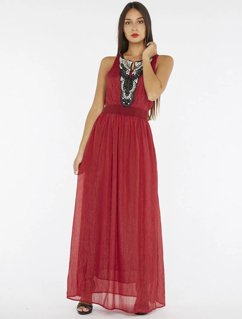 Langes Kleid mit Schmuckpassementen - Bordeaux