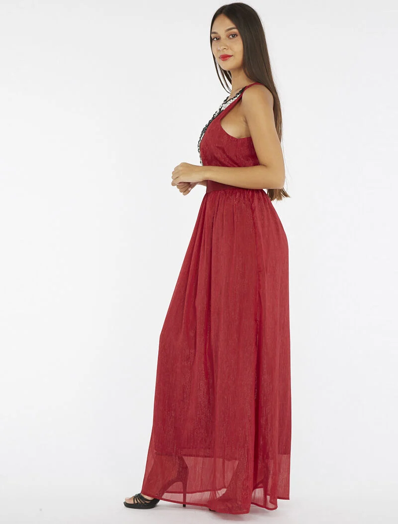 Langes Kleid mit Schmuckpassementen - Bordeaux