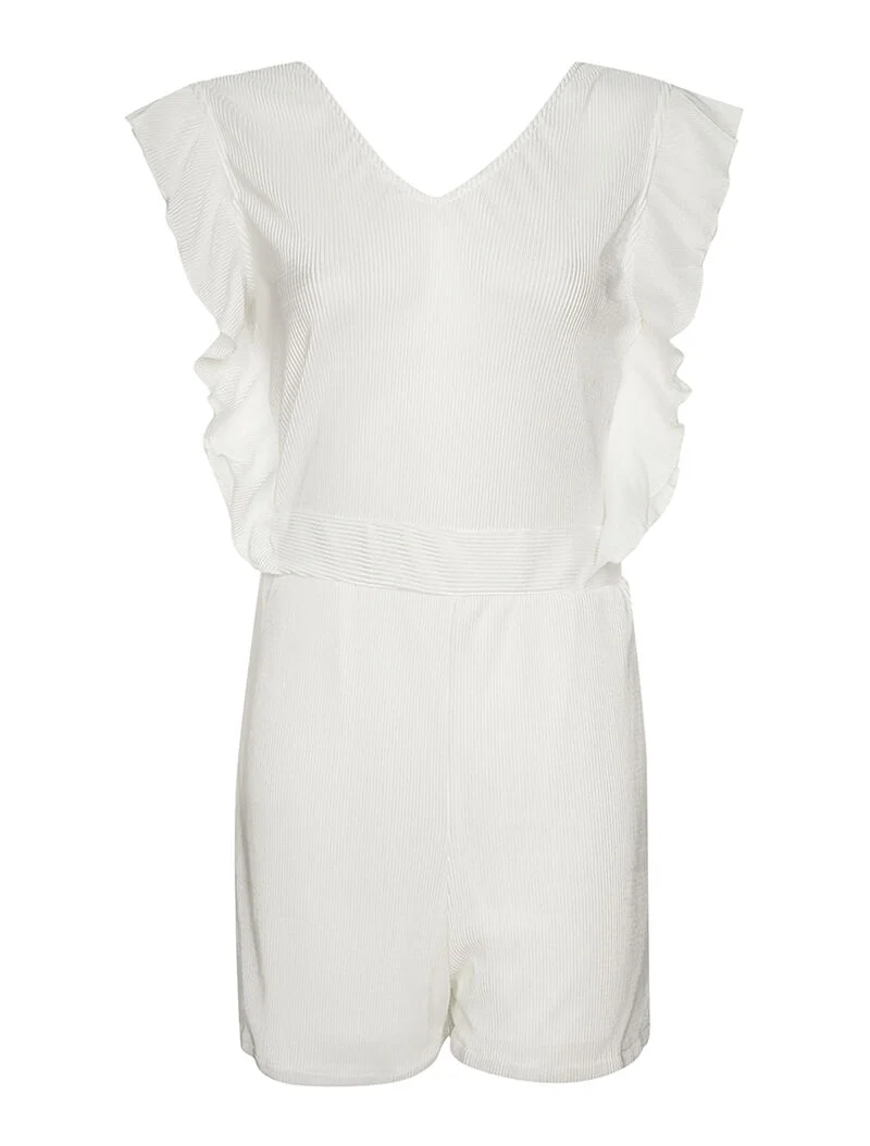 Plissierter Jumpsuit mit Rüschenärmeln - weiß