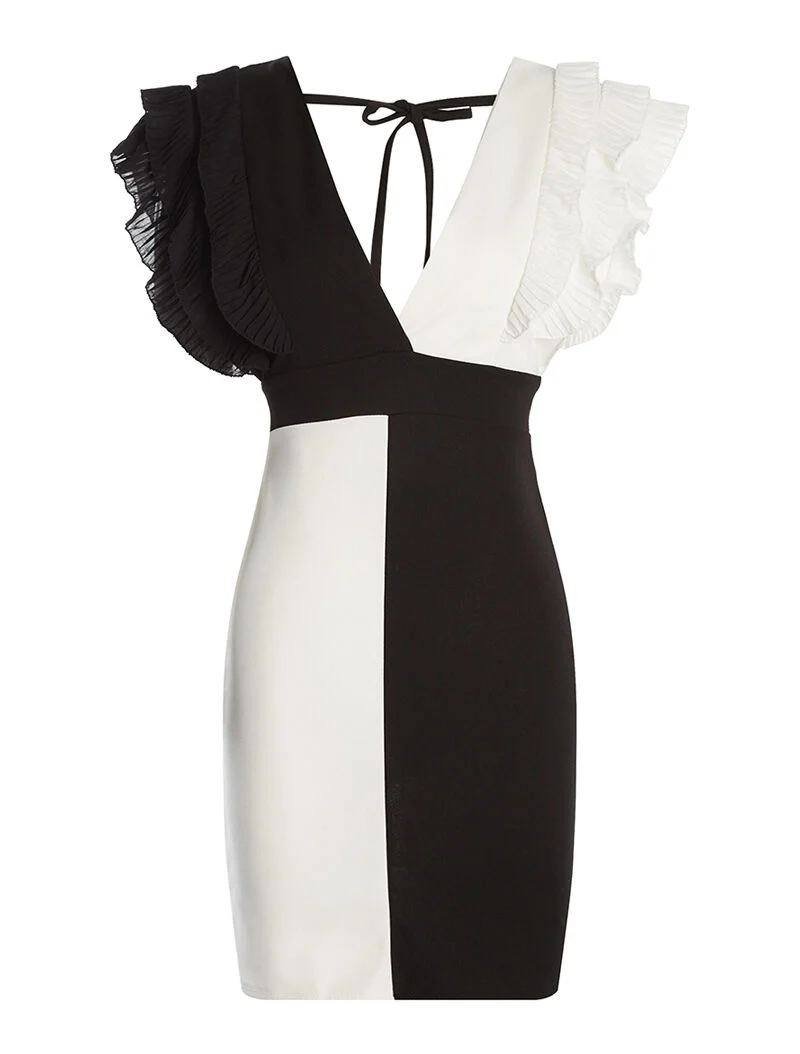 Zweifarbiges Kleid mit gerafften Schultern - schwarz/weiß