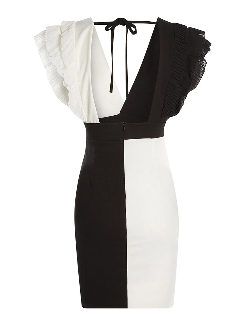 Zweifarbiges Kleid mit gerafften Schultern - schwarz/weiß