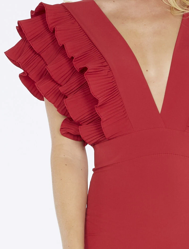 Kleid mit gerafften Rüschenärmeln - Bordeaux