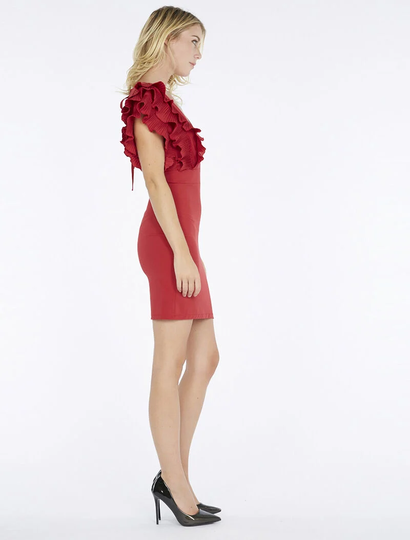 Kleid mit gerafften Rüschenärmeln - Bordeaux