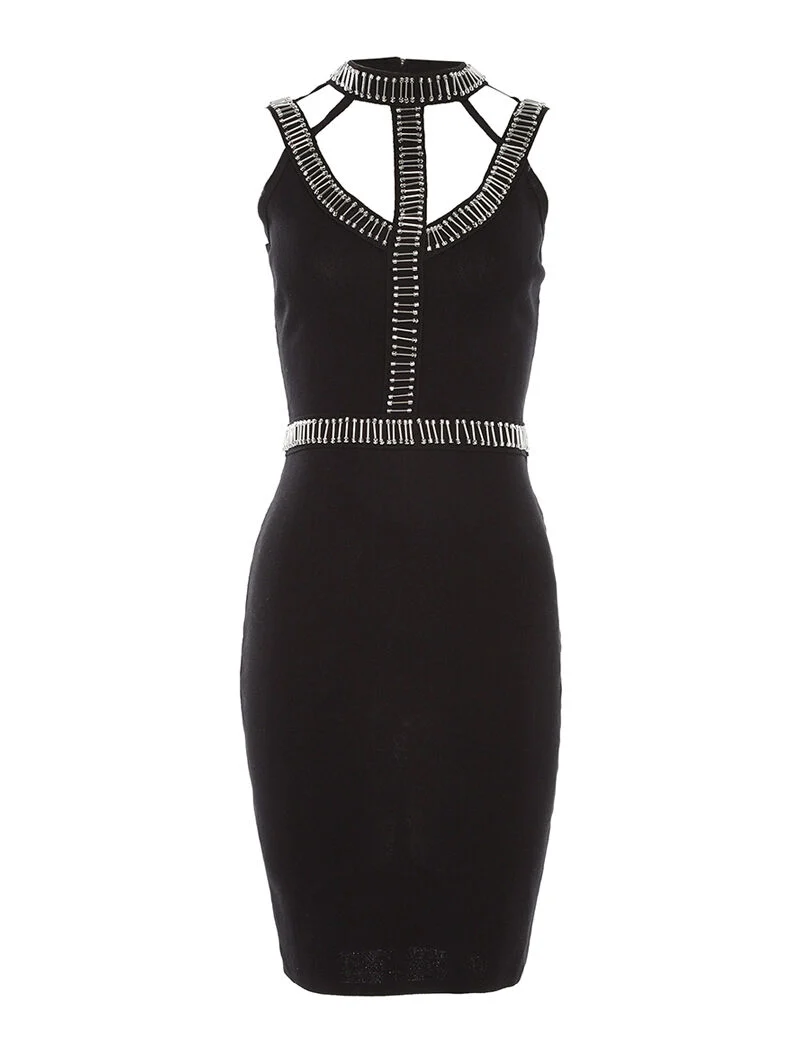 Geripptes Kleid mit ausgeschnittenem Kragen - schwarz