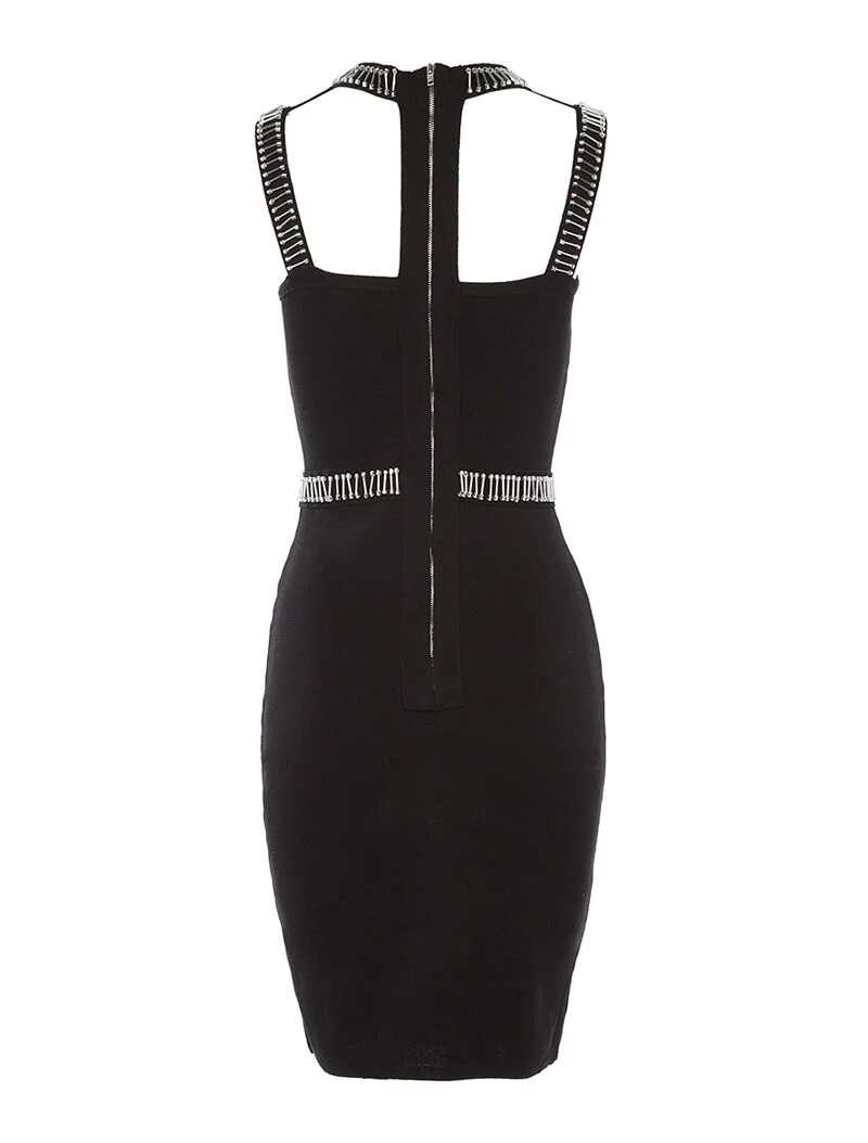 Geripptes Kleid mit ausgeschnittenem Kragen - schwarz