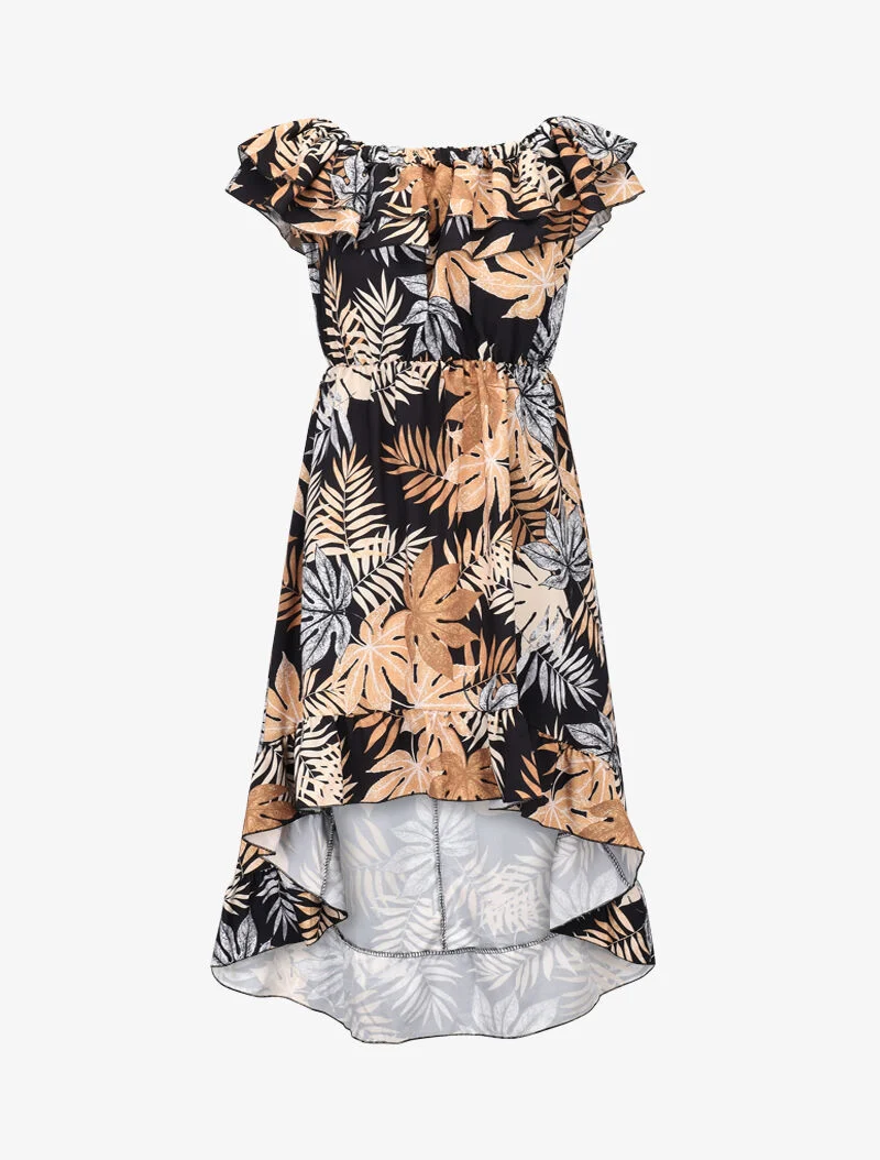 Rüschenkleid mit Druckmuster - schwarz