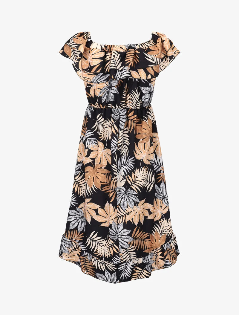 Rüschenkleid mit Druckmuster - schwarz