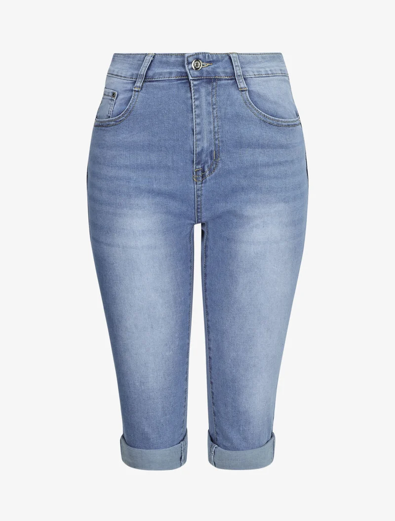 Push-up-Caprihose mit Umschlägen - Denimblau
