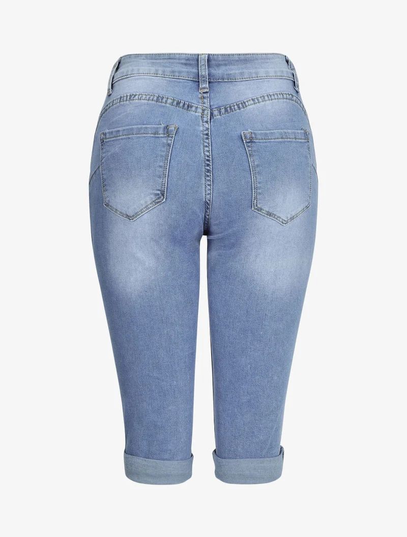 Push-up-Caprihose mit Umschlägen - Denimblau