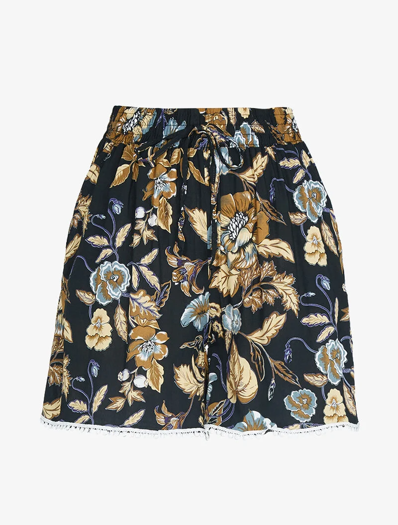 Kurze weite Hose mit Blumenmuster - Schwarz