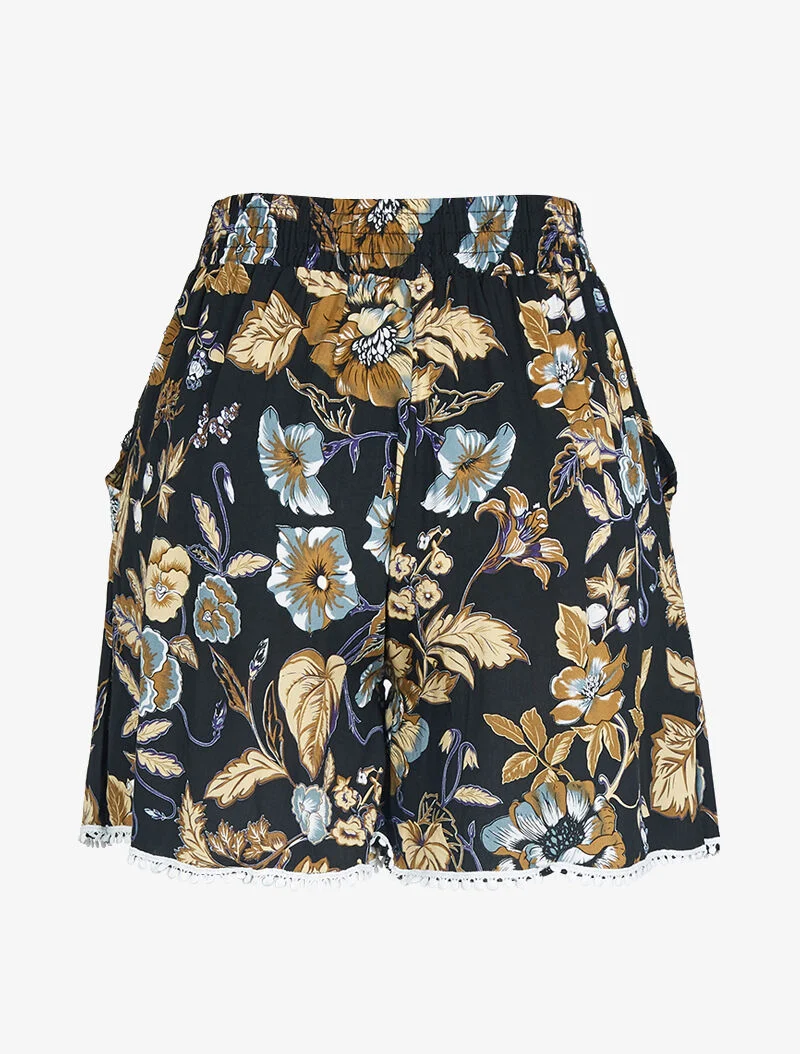 Kurze weite Hose mit Blumenmuster - Schwarz