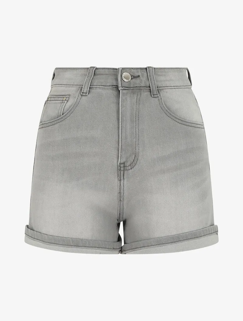 Gerade geschnittener High-Waist-Jeansshorts - Hellgrau