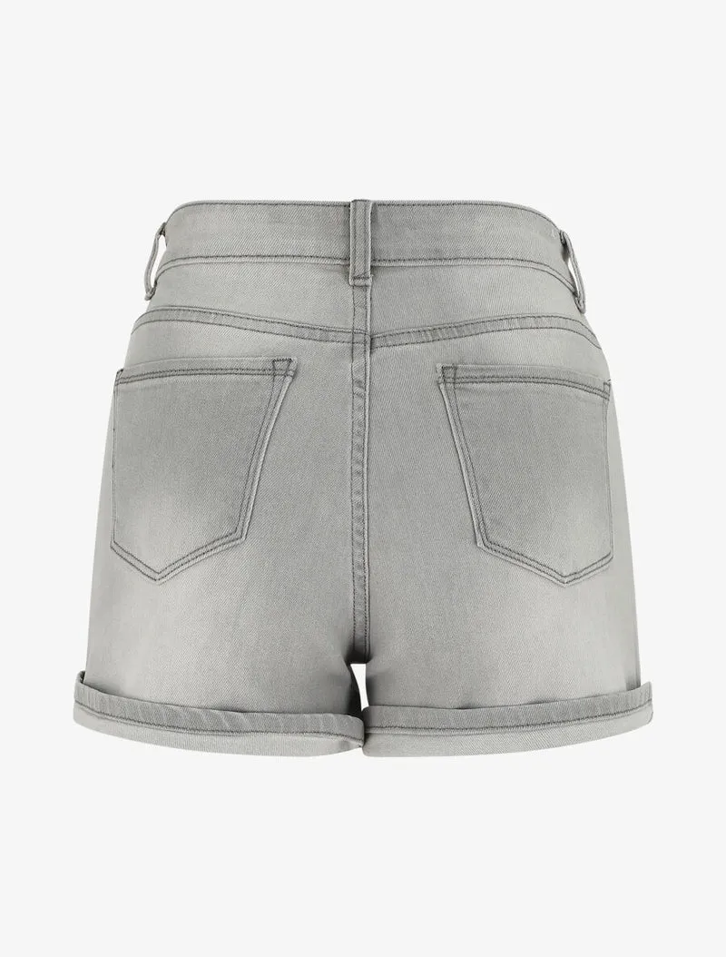 Gerade geschnittener High-Waist-Jeansshorts - Hellgrau