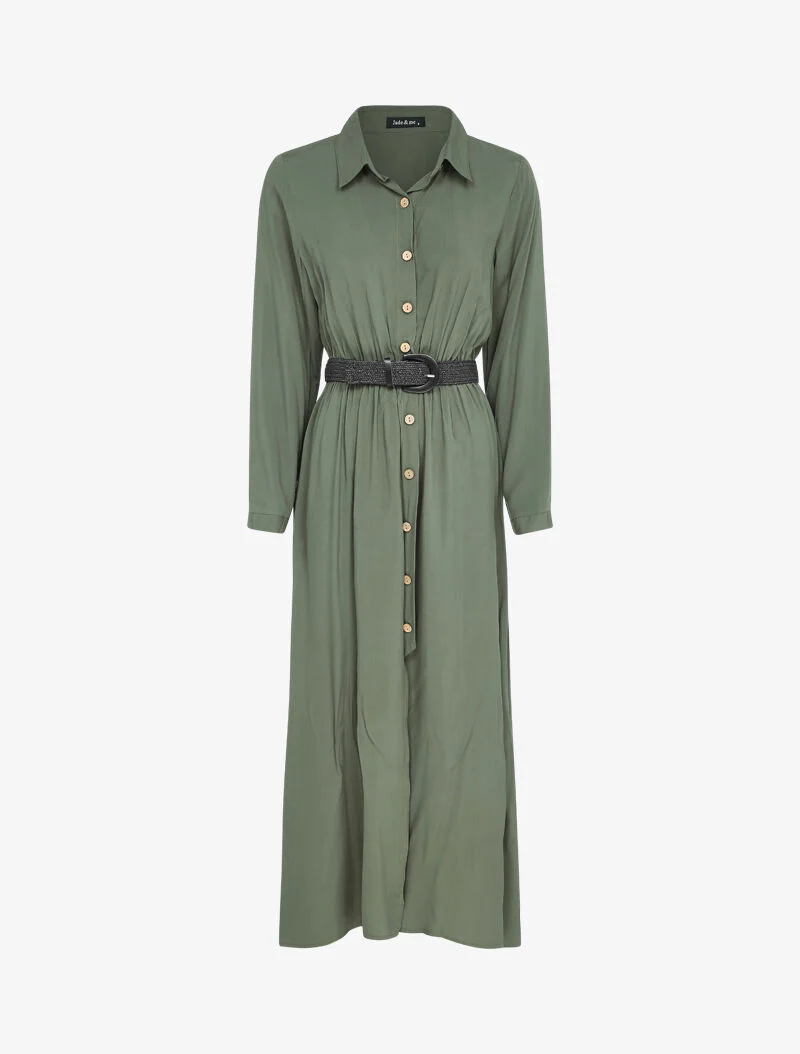 Langes Kleid mit Plisseefalten - Kaki