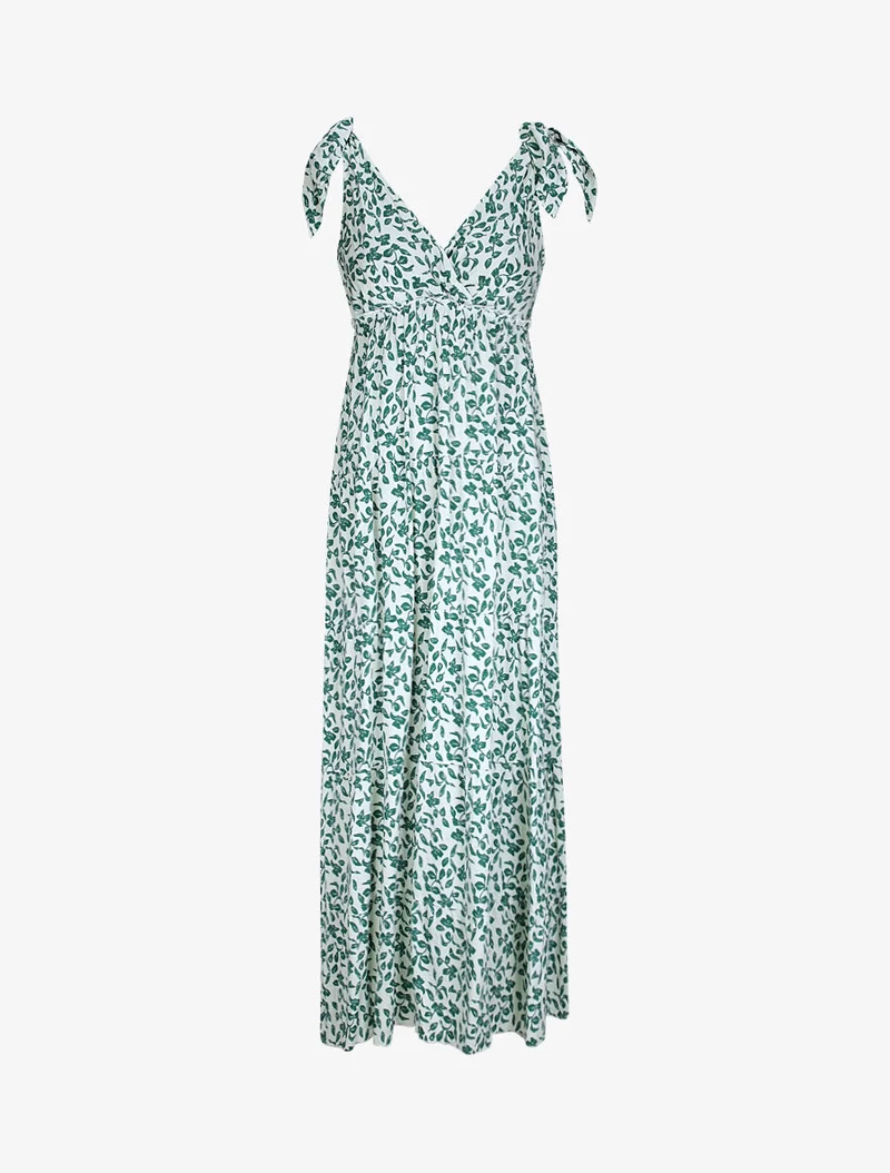 Langes Kleid mit Blattdruck - Grün