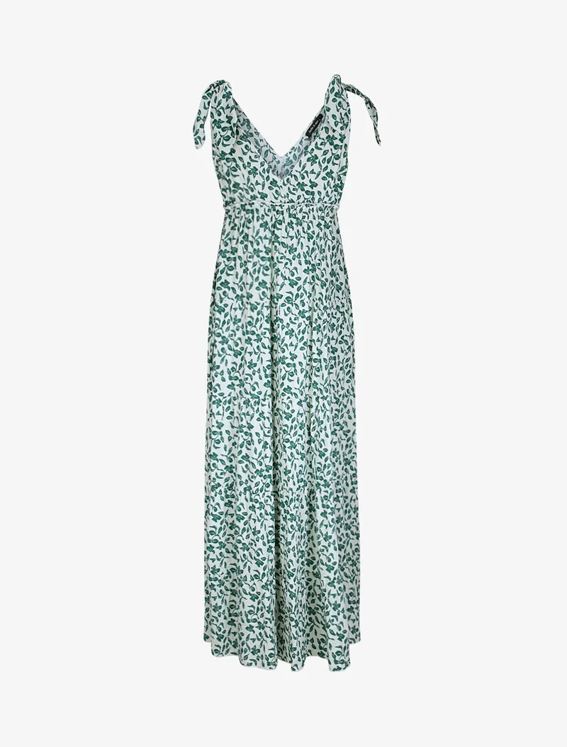Langes Kleid mit Blattdruck - Grün