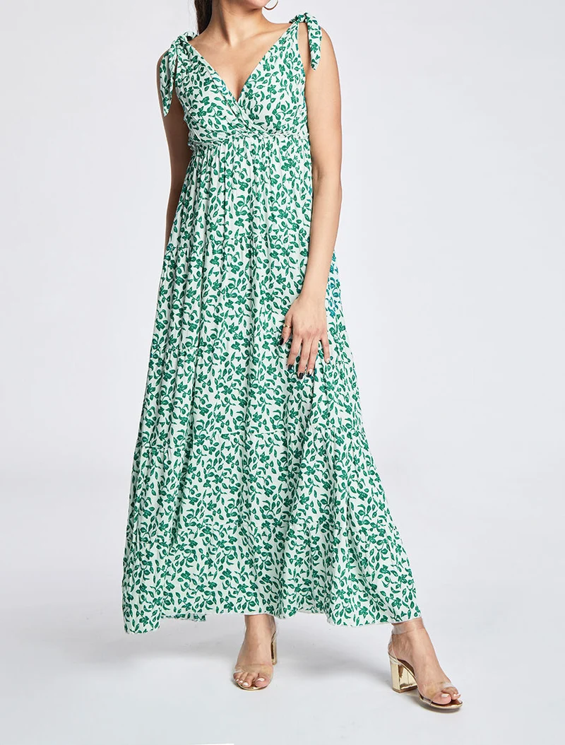 Langes Kleid mit Blattdruck - Grün