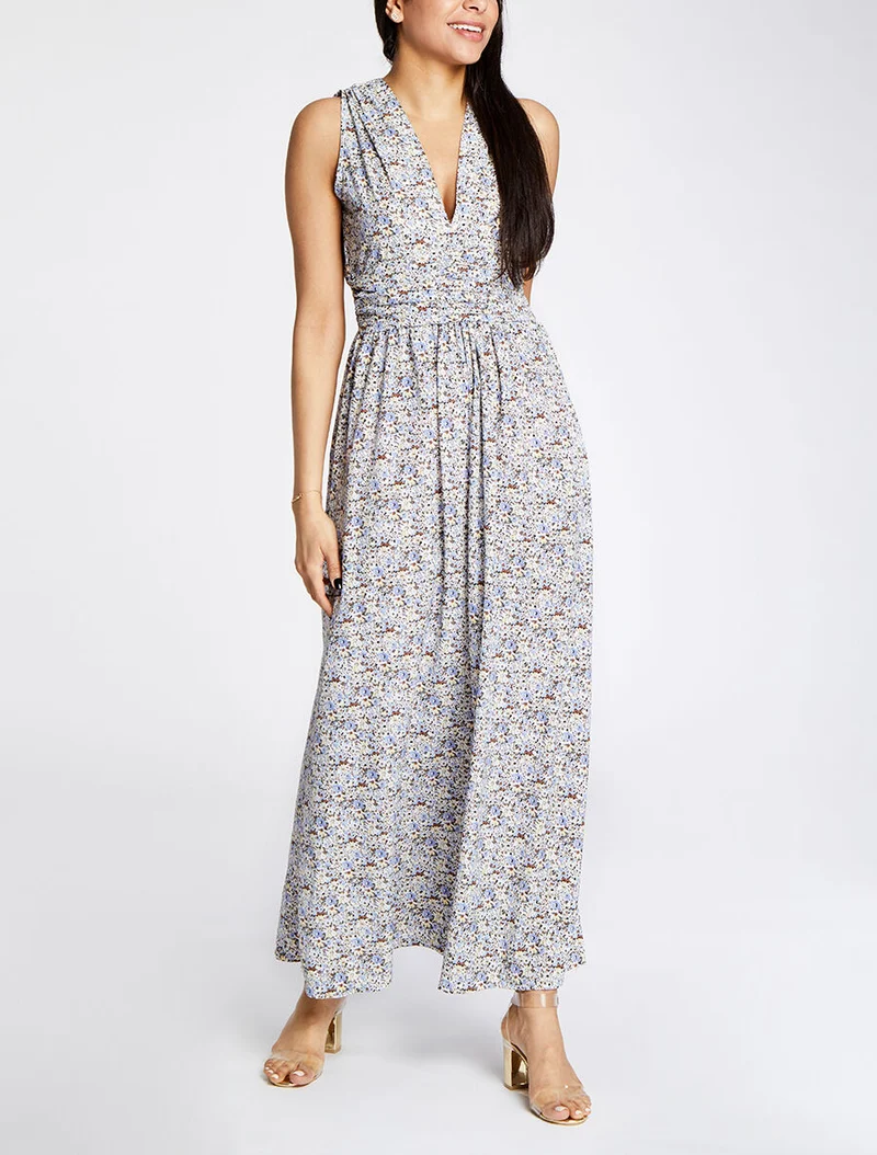 Langes Kleid mit Frühlingsblumenmuster - Blau