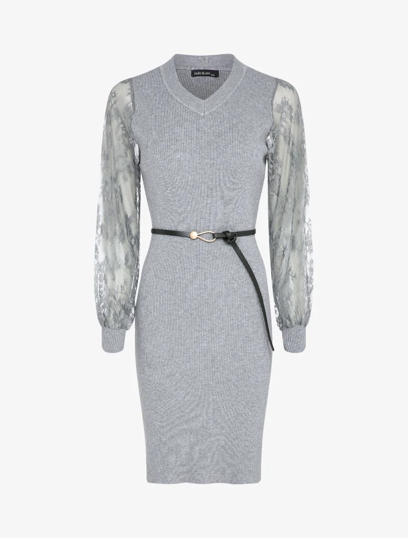 Geripptes Kleid mit Ärmeln aus Blumen-Spitze - Grau