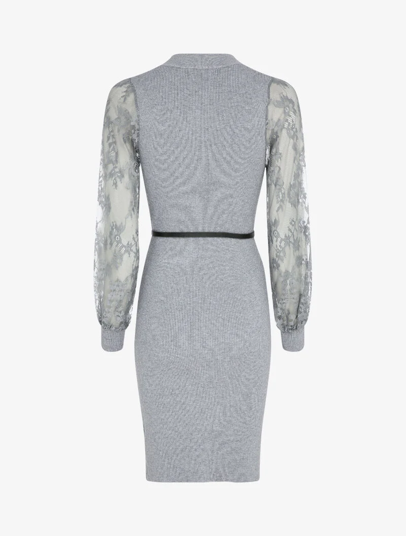 Geripptes Kleid mit Ärmeln aus Blumen-Spitze - Grau