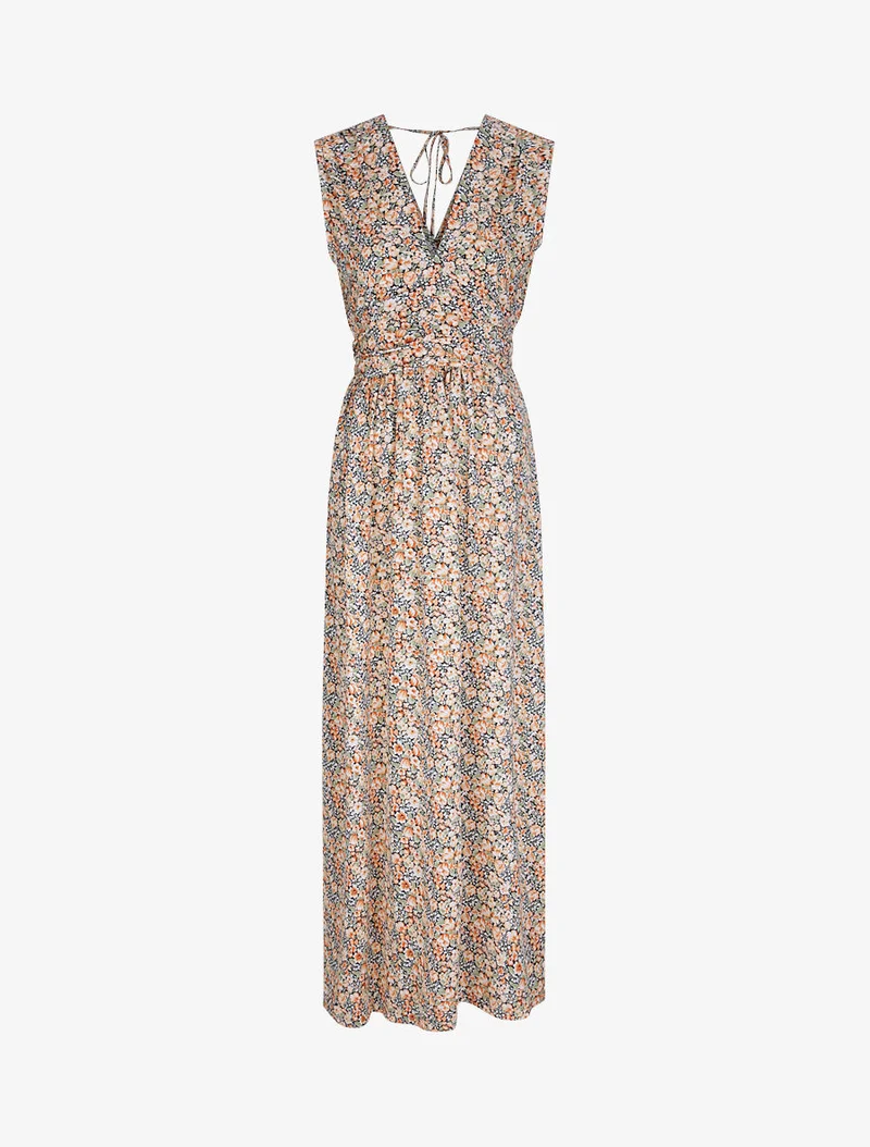 Langes Kleid mit Frühlingsblumenmuster - Orange