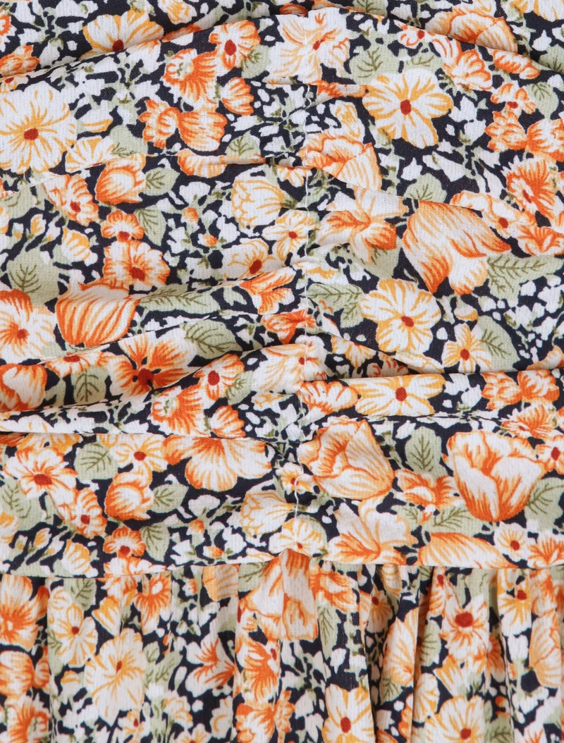 Langes Kleid mit Frühlingsblumenmuster - Orange
