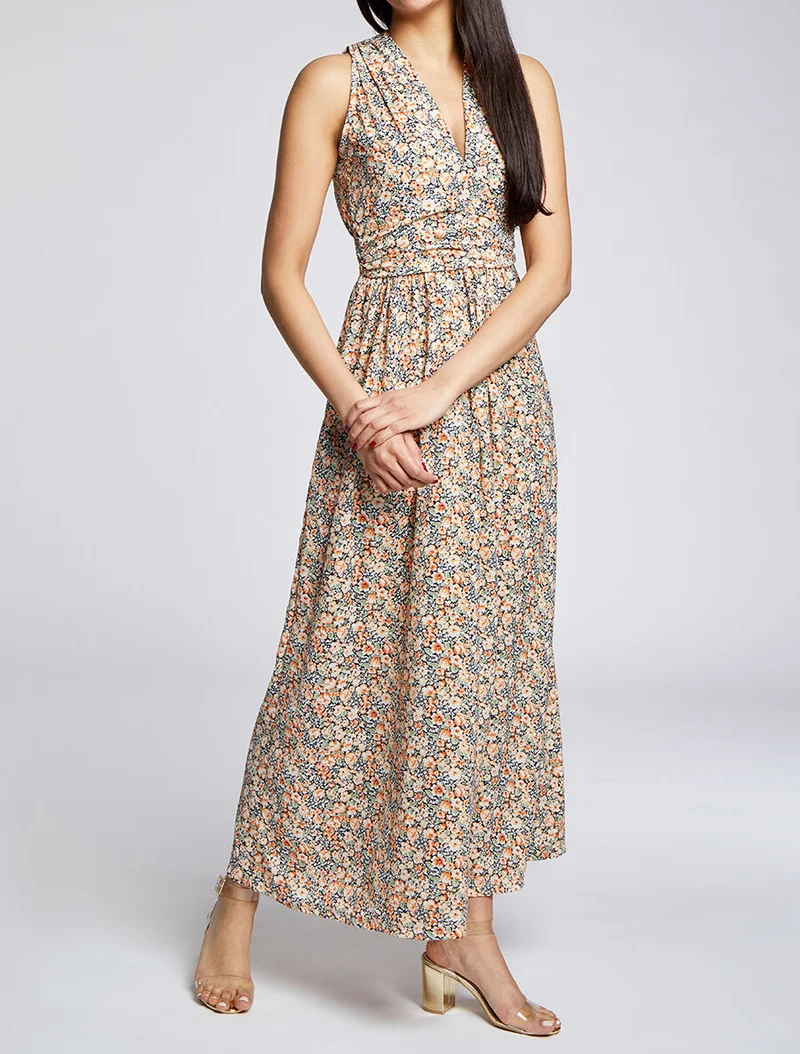 Langes Kleid mit Frühlingsblumenmuster - Orange
