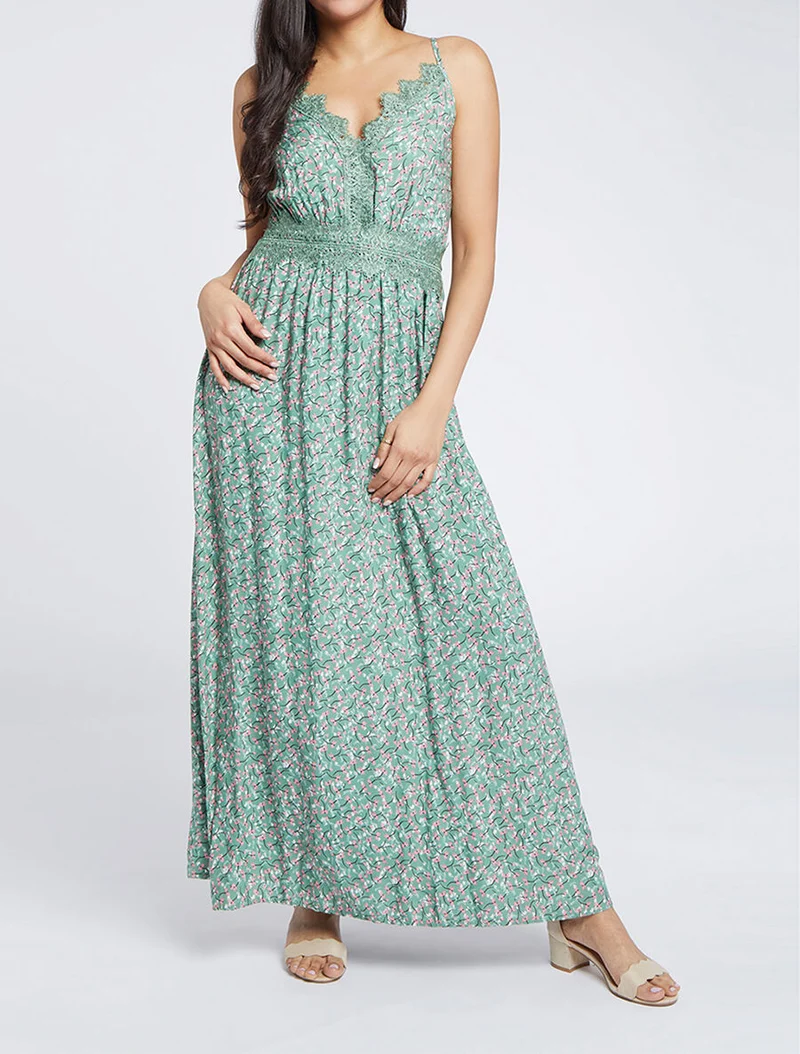 Langes Kleid mit grafischen Blumen und feinen Stickereien - Mandelgrün
