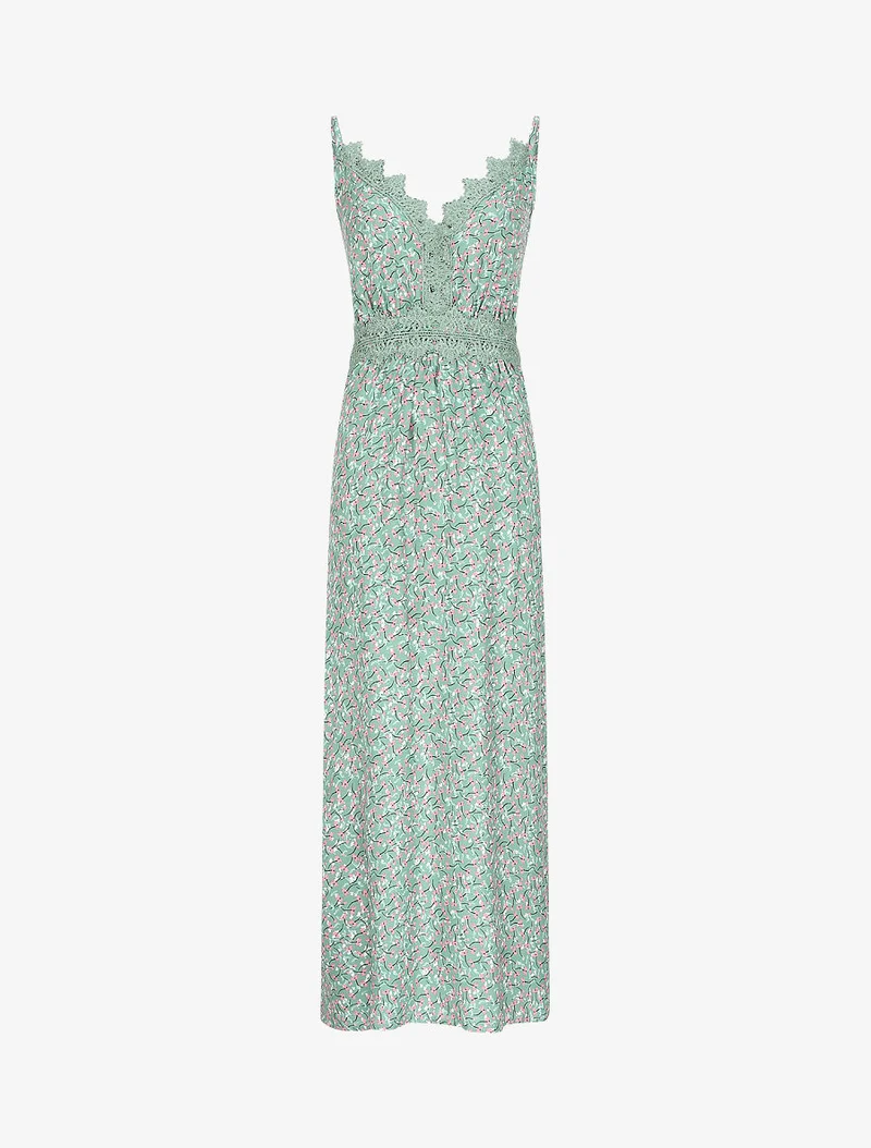 Langes Kleid mit grafischen Blumen und feinen Stickereien - Mandelgrün