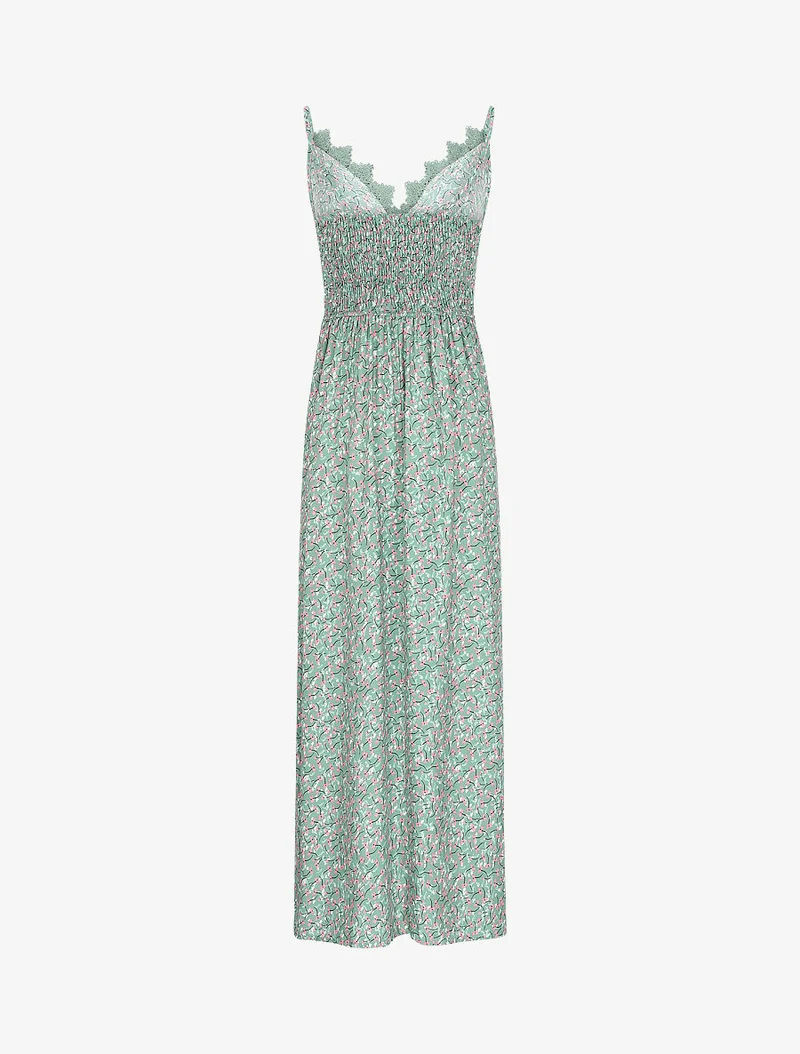 Langes Kleid mit grafischen Blumen und feinen Stickereien - Mandelgrün