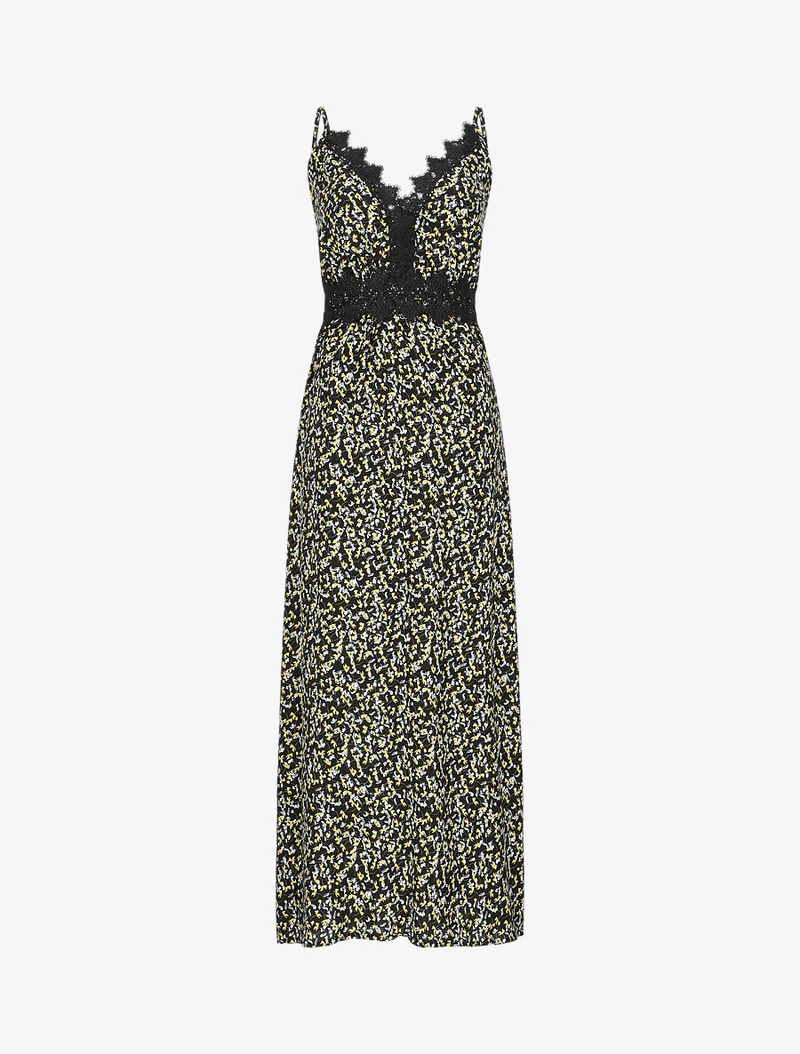 Langes Kleid mit grafischen Blumen und feinen Stickereien - Schwarz