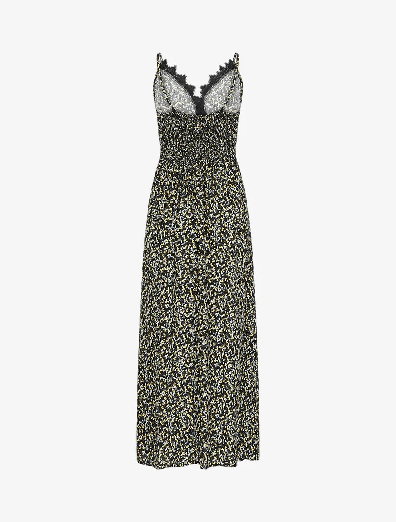 Langes Kleid mit grafischen Blumen und feinen Stickereien - Schwarz