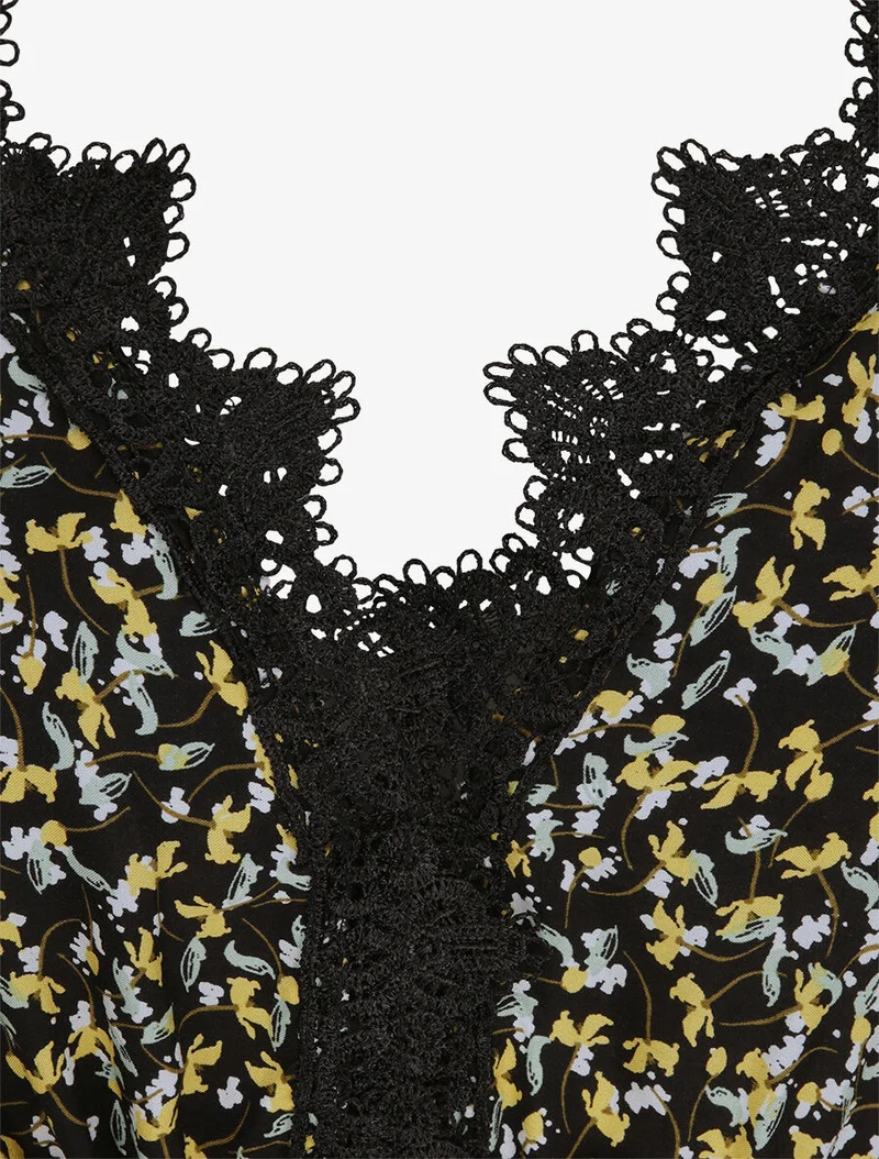 Langes Kleid mit grafischen Blumen und feinen Stickereien - Schwarz