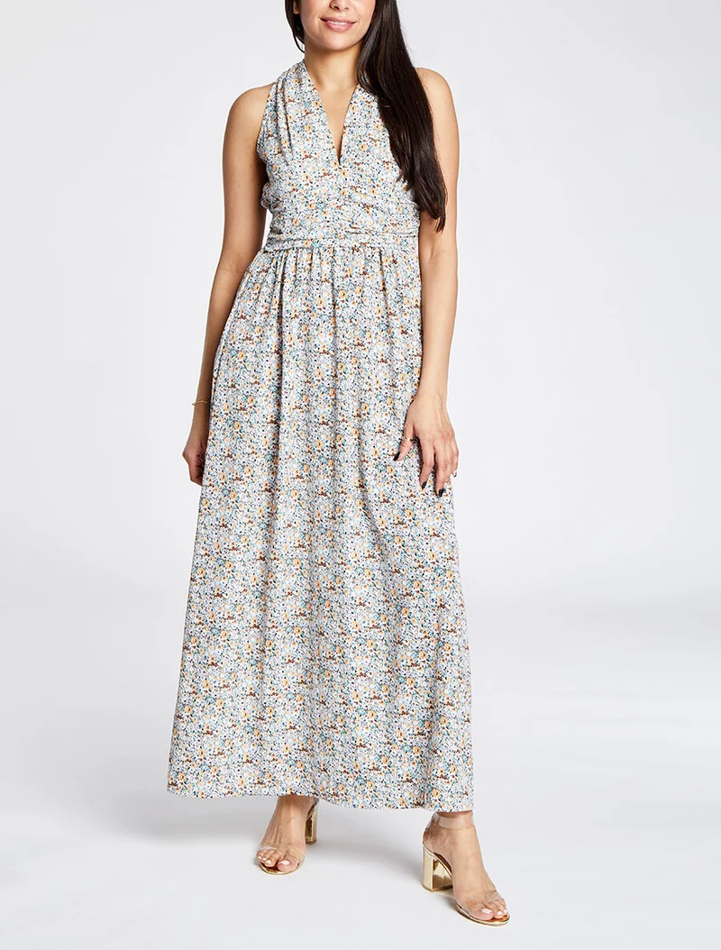 Langes Kleid mit Frühlingsblumenmuster - Wassergrün