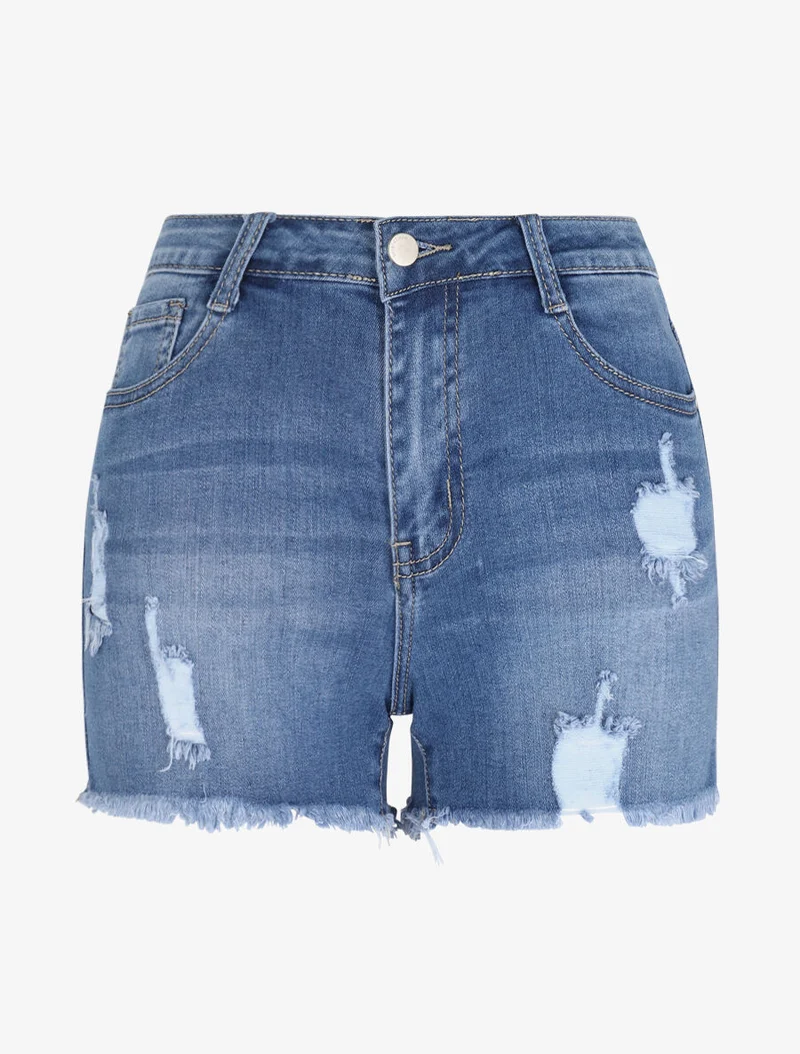 Zerrissene Jeans-Shorts mit rohen Kanten - Blau