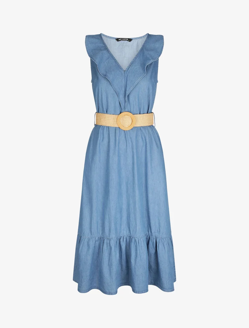 A-Linien-Kleid aus Denim mit Rüschenkragen - Blau