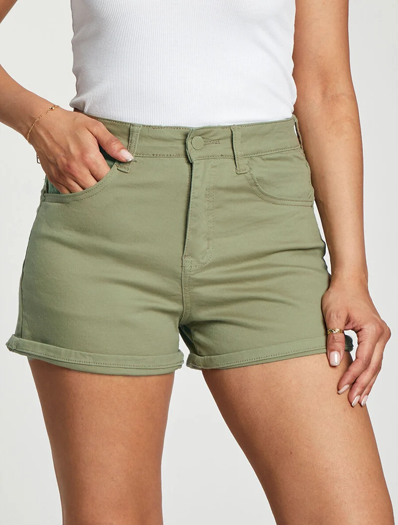 Jeansshort mit Umschlägen - Kaki