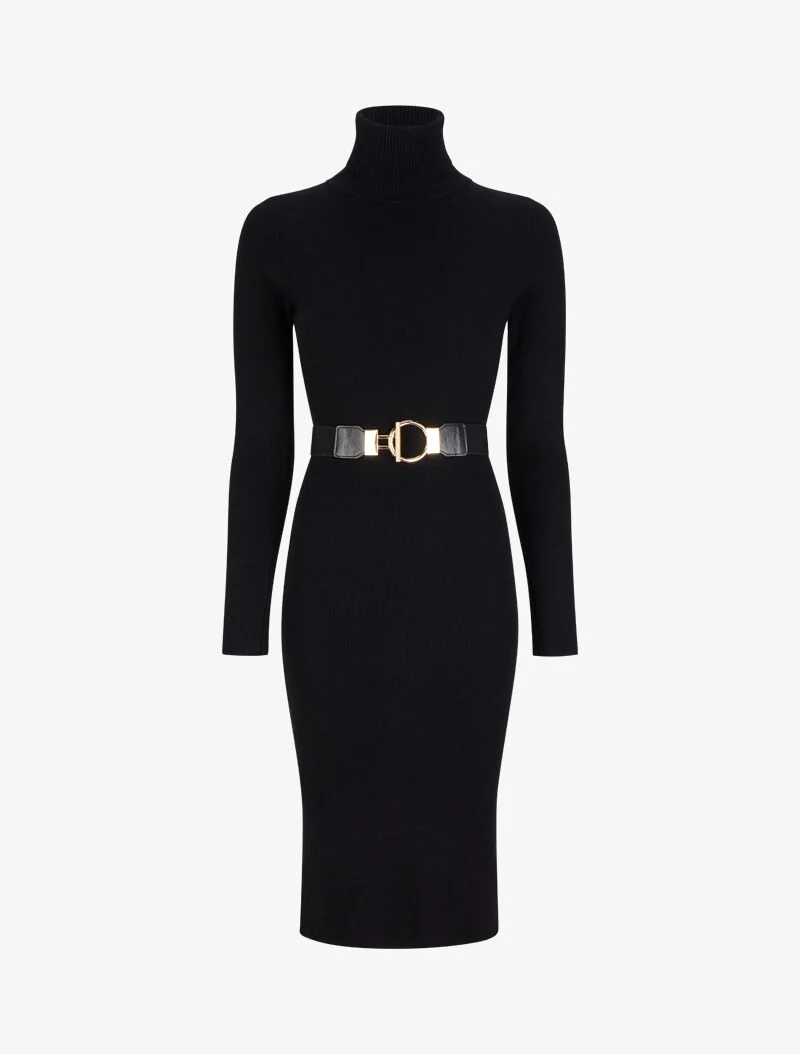 Langes Strickkleid mit Rollkragen - Schwarz