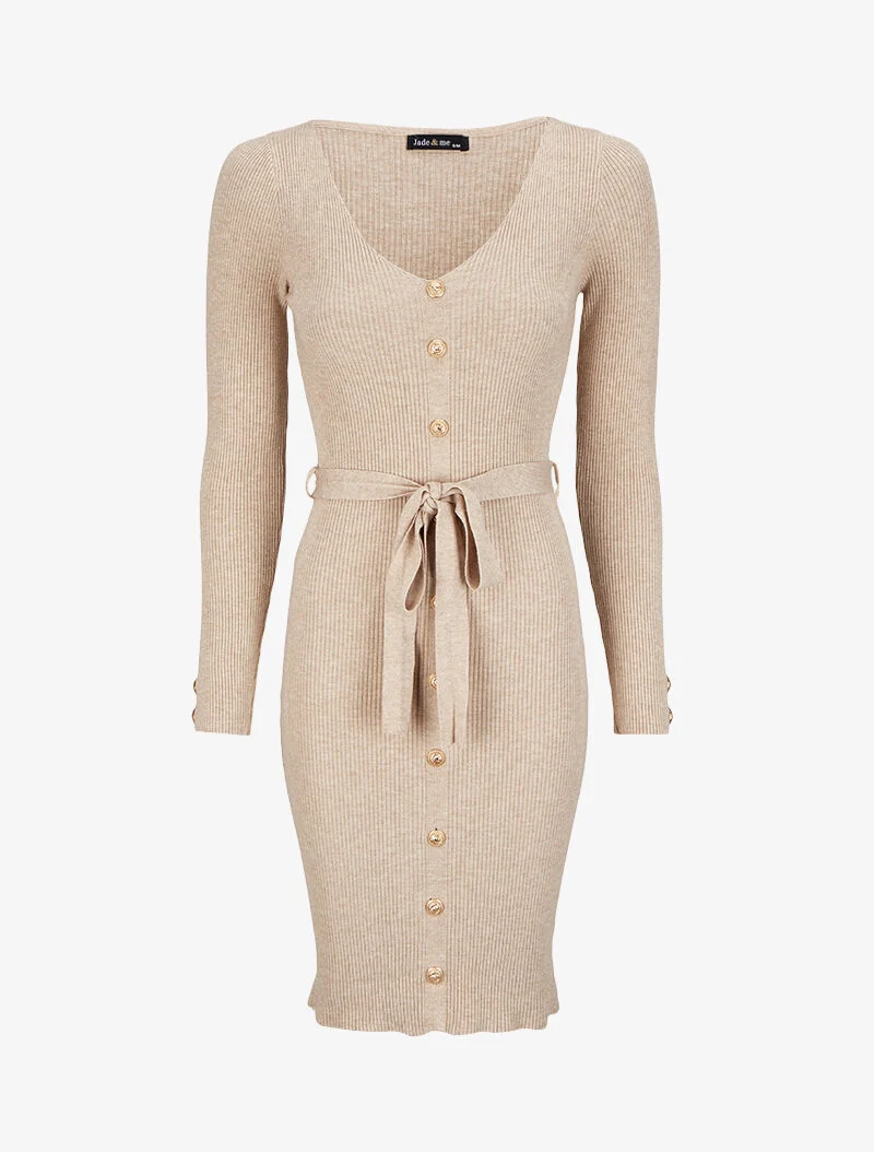Geripptes, mittellanges Strickkleid mit dekorativen Knöpfen - Beige