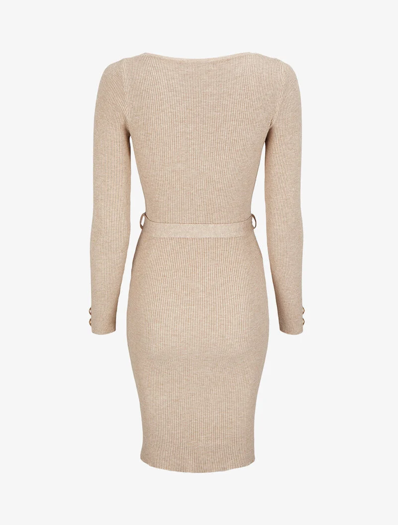 Geripptes, mittellanges Strickkleid mit dekorativen Knöpfen - Beige