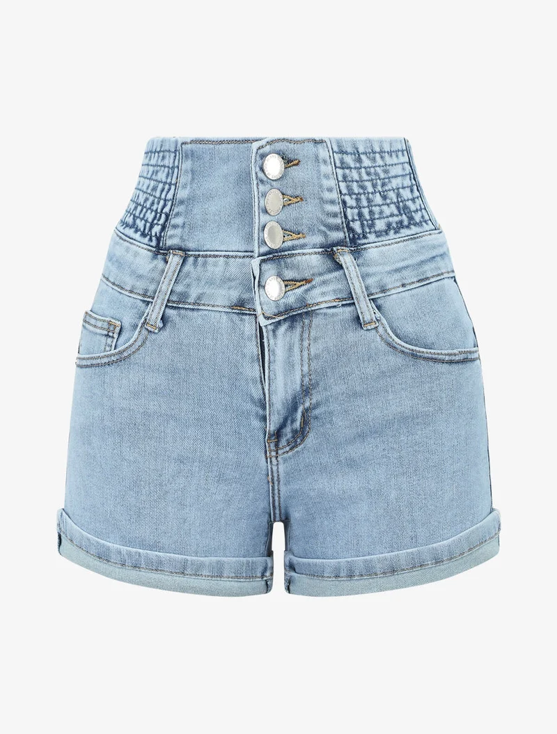 Hoch taillierte Jeansshorts mit elastischem Bund - Helles Denim