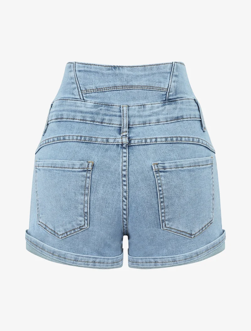 Hoch taillierte Jeansshorts mit elastischem Bund - Helles Denim