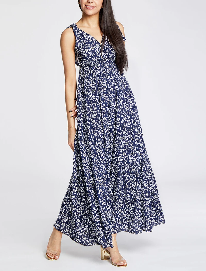 Langes Kleid mit Blattdruck - Marine