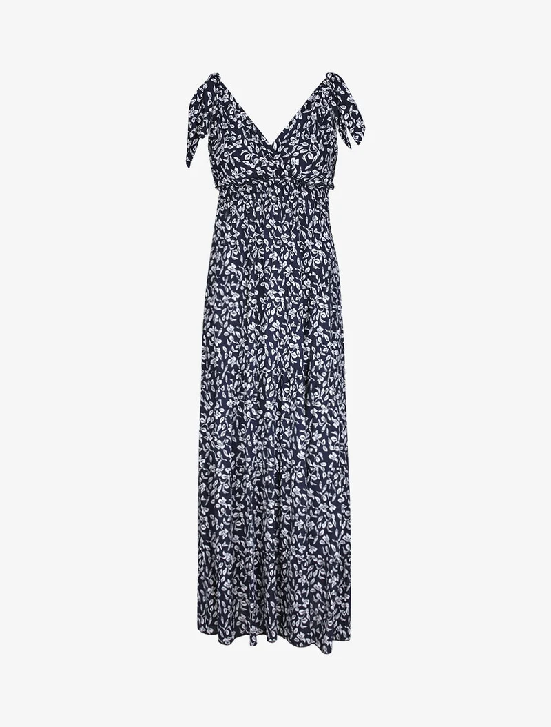 Langes Kleid mit Blattdruck - Marine