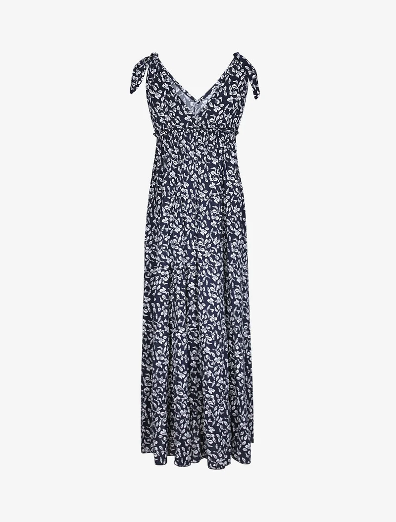 Langes Kleid mit Blattdruck - Marine