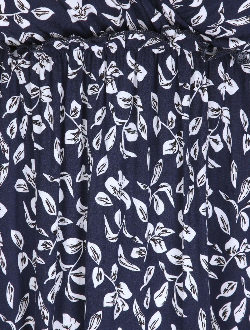Langes Kleid mit Blattdruck - Marine