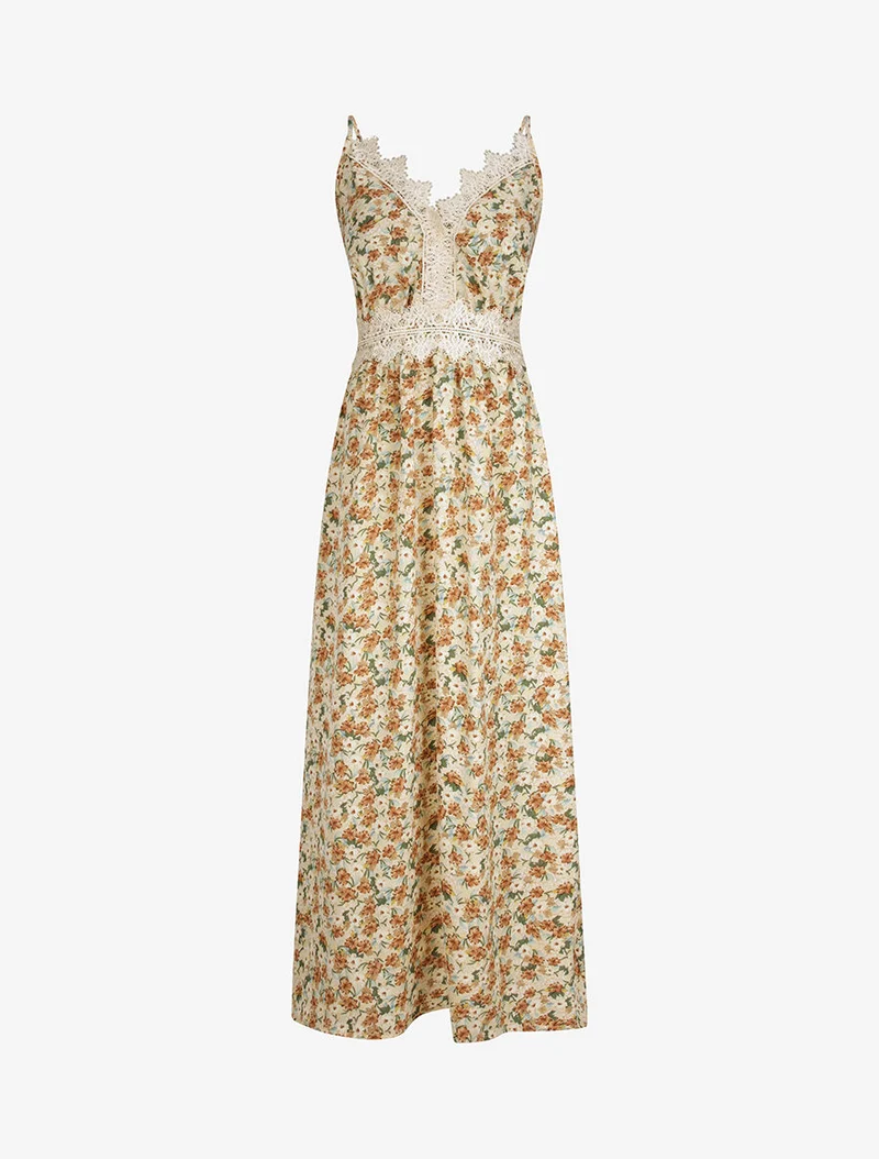 Langes Kleid mit Blumenmuster und feinen Stickereien - Beige