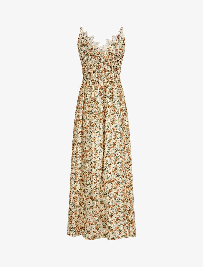 Langes Kleid mit Blumenmuster und feinen Stickereien - Beige