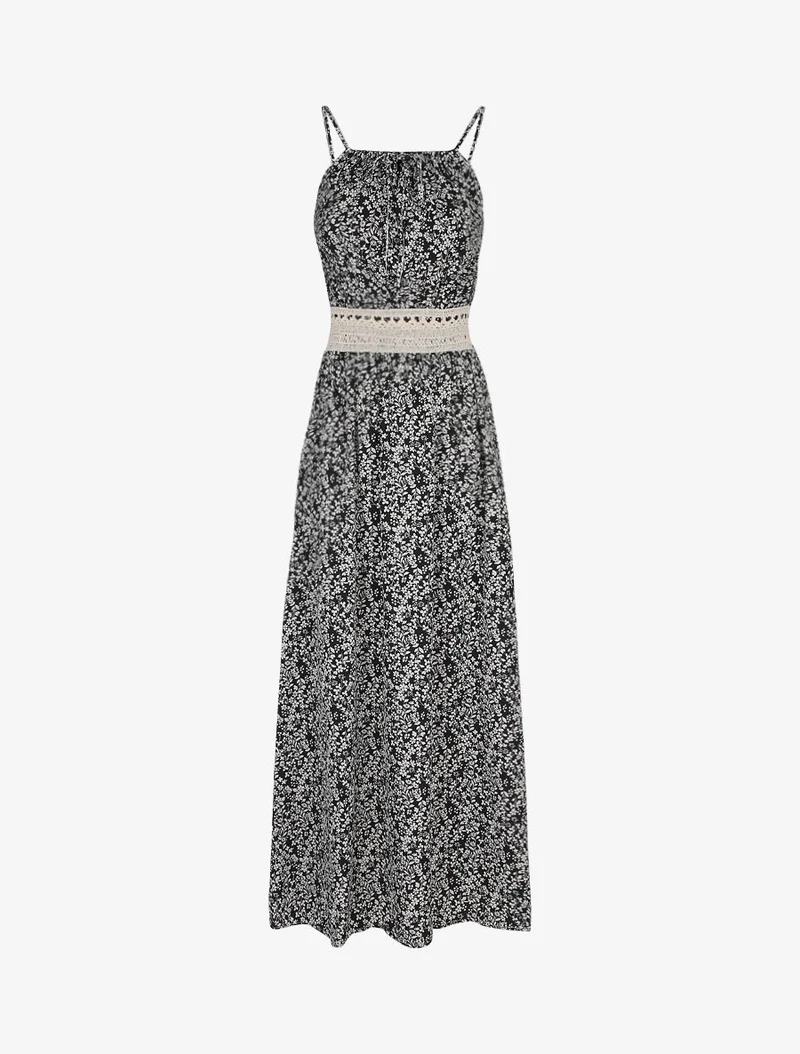 Langes Kleid mit Blumenmuster und bestickter Taille - Schwarz